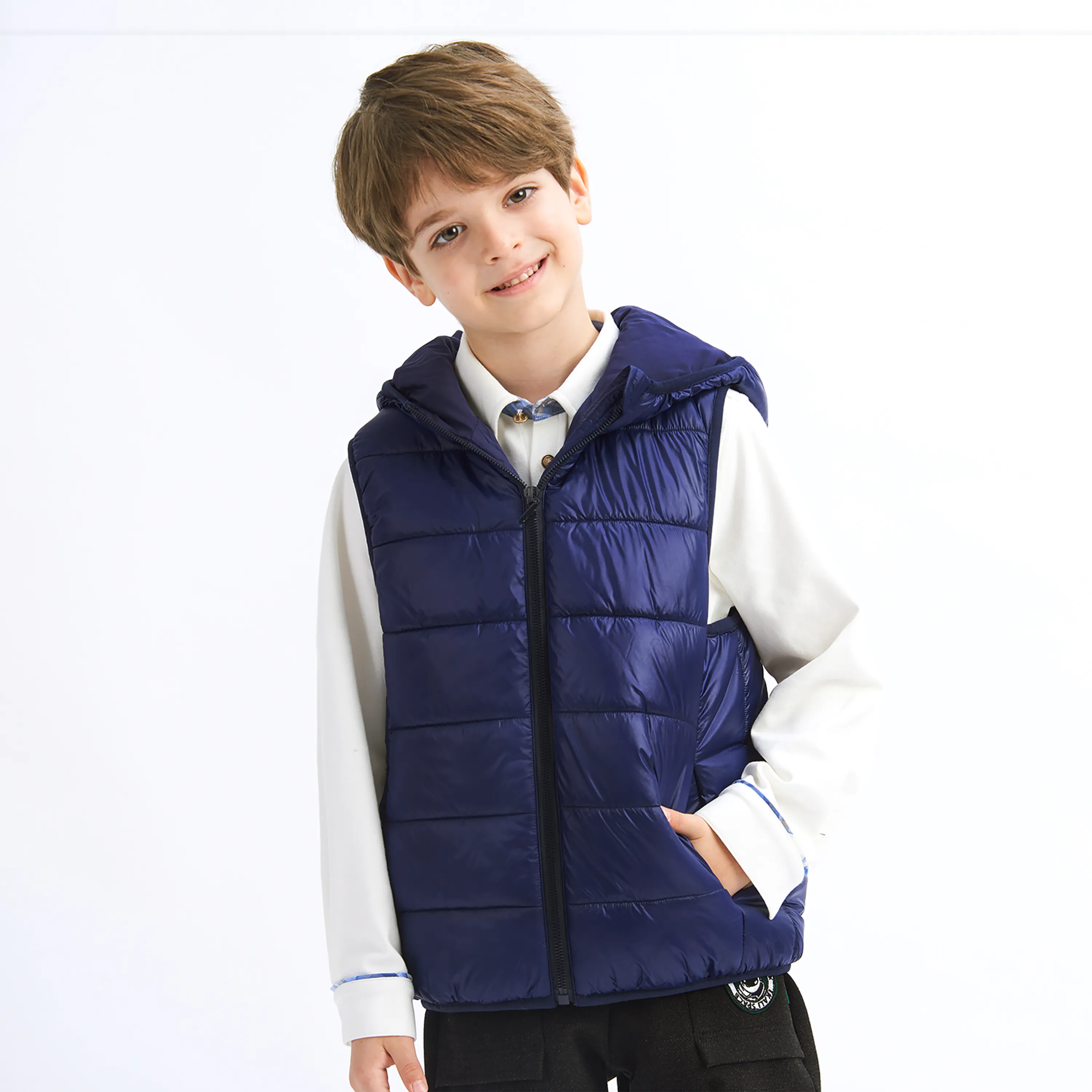 IKALI Boys Girls Lightweight Puffer Vest Kids Hooded Sleeveless Gilet Navy