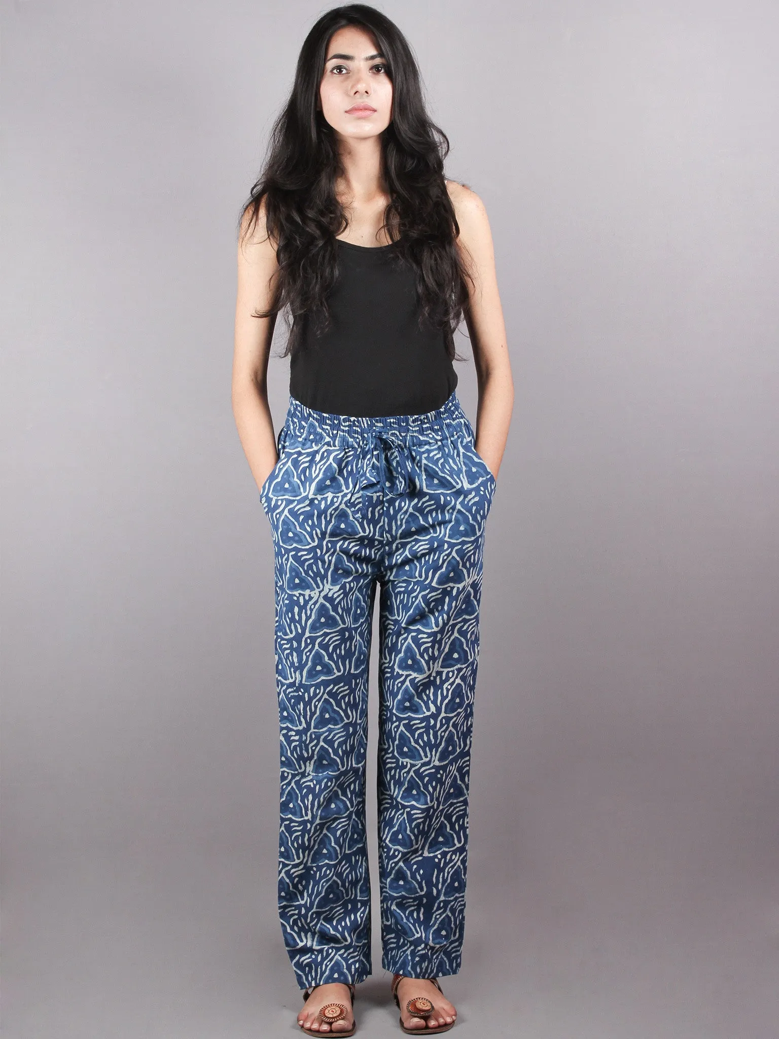 Indigo Hand Block Printed Elasticated Waist Trousers- T0317037