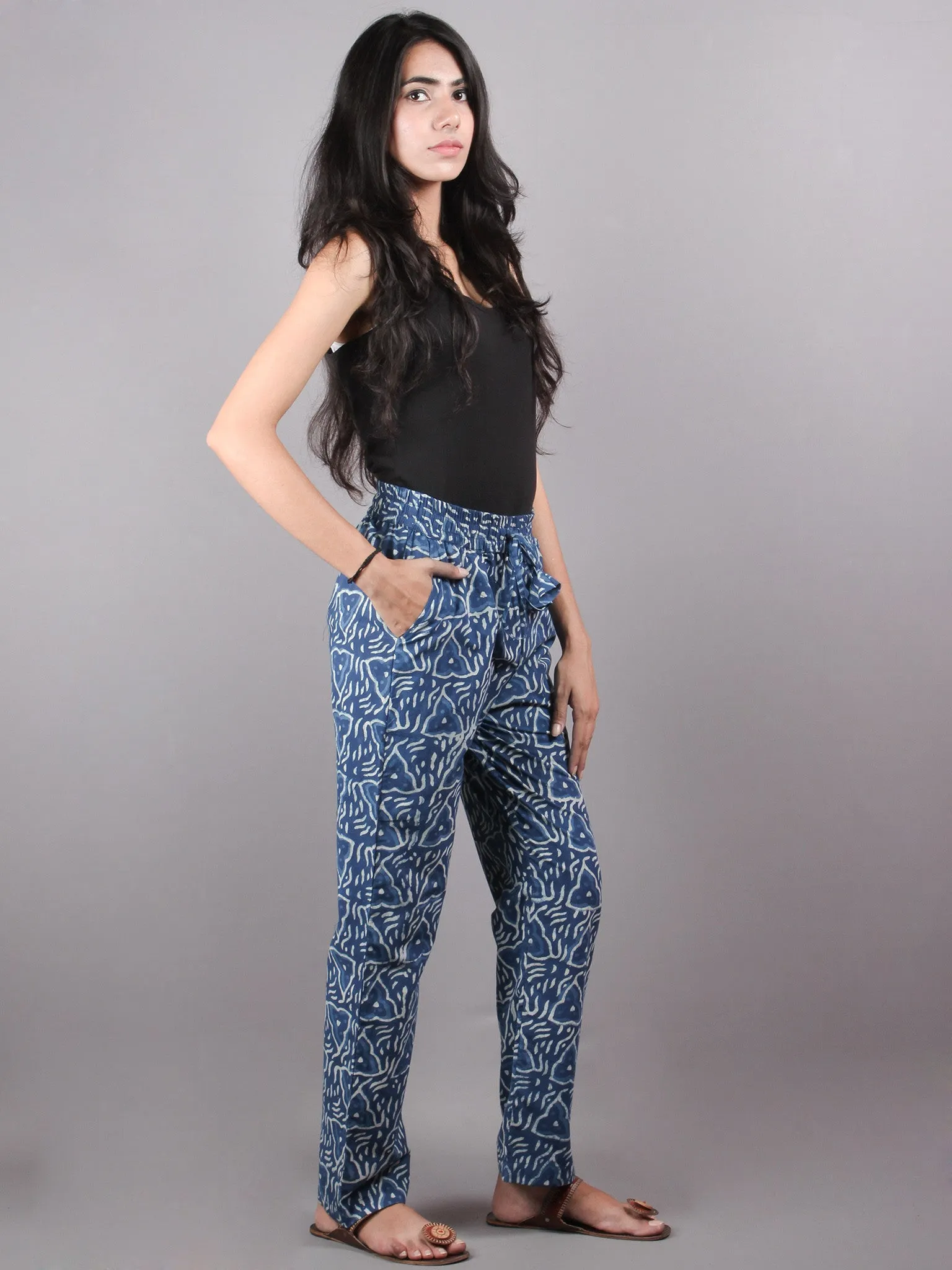 Indigo Hand Block Printed Elasticated Waist Trousers- T0317037