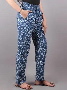 Indigo Hand Block Printed Elasticated Waist Trousers- T0317037