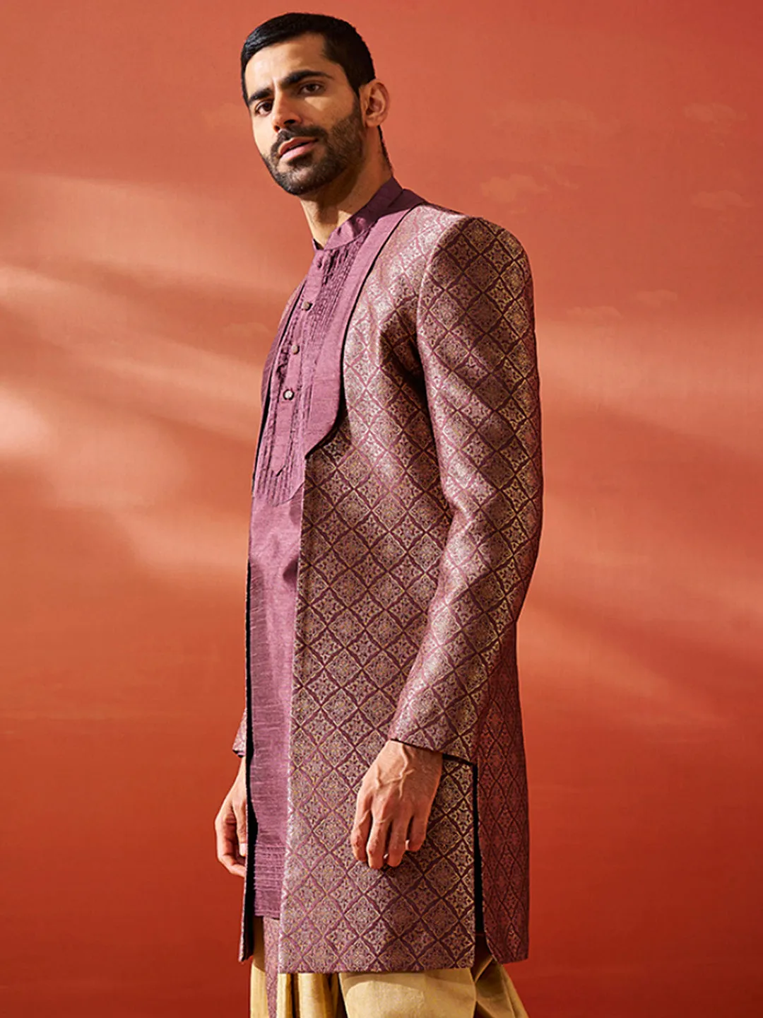 Jashvi Men's Purple Silk Blend Sherwani