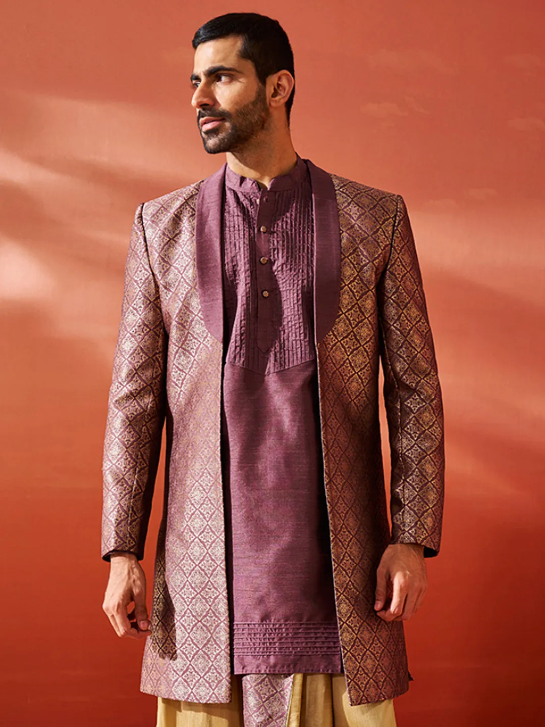 Jashvi Men's Purple Silk Blend Sherwani