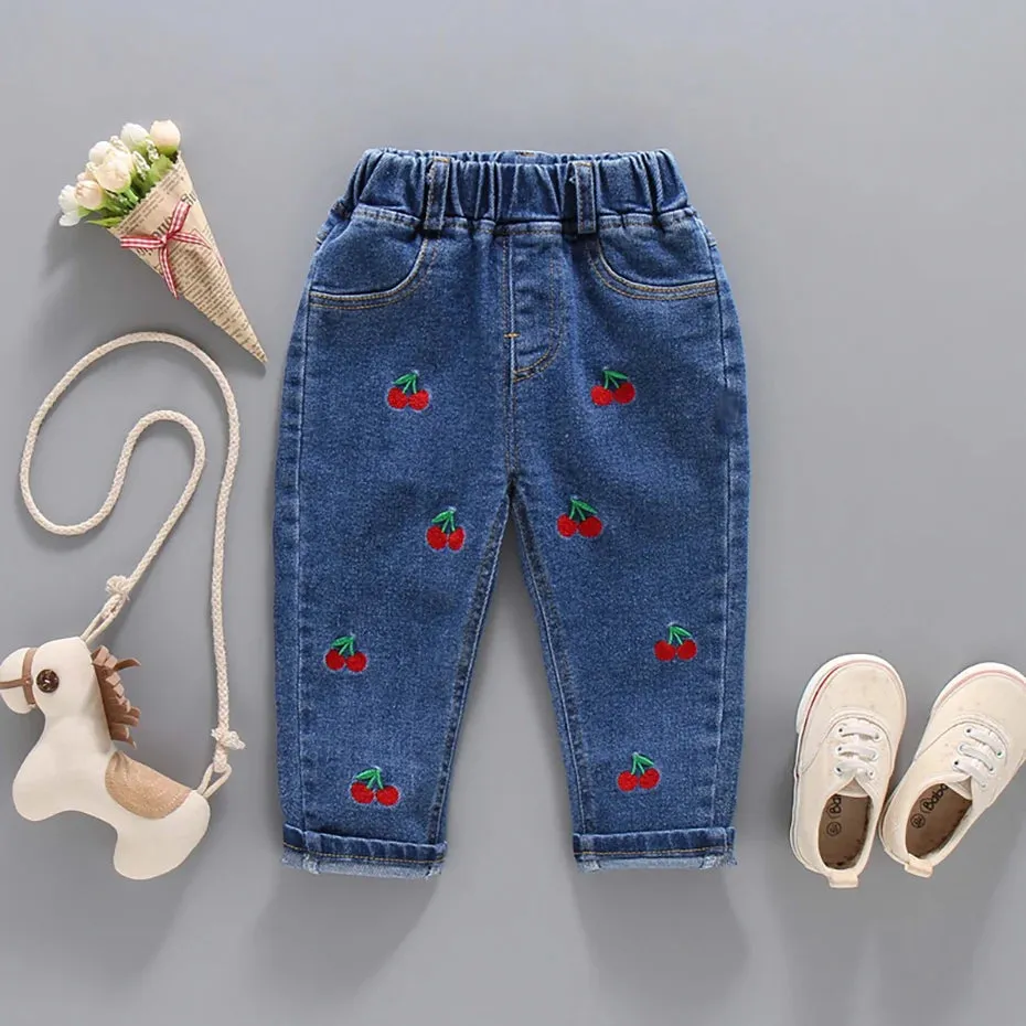 Jeans For Girls Cherry Pattern Jeans Girl Casual Style Jeans Kid Spring Autumn Children Clothes