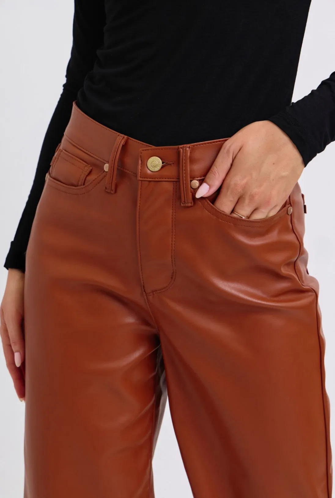 JUDY BLUE Cognac Tummy Control Faux Leather Pant