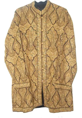 Kashmiri "Jamawar" Coat Woolen Long Jacket Black, Olive Embroidery #JM-191