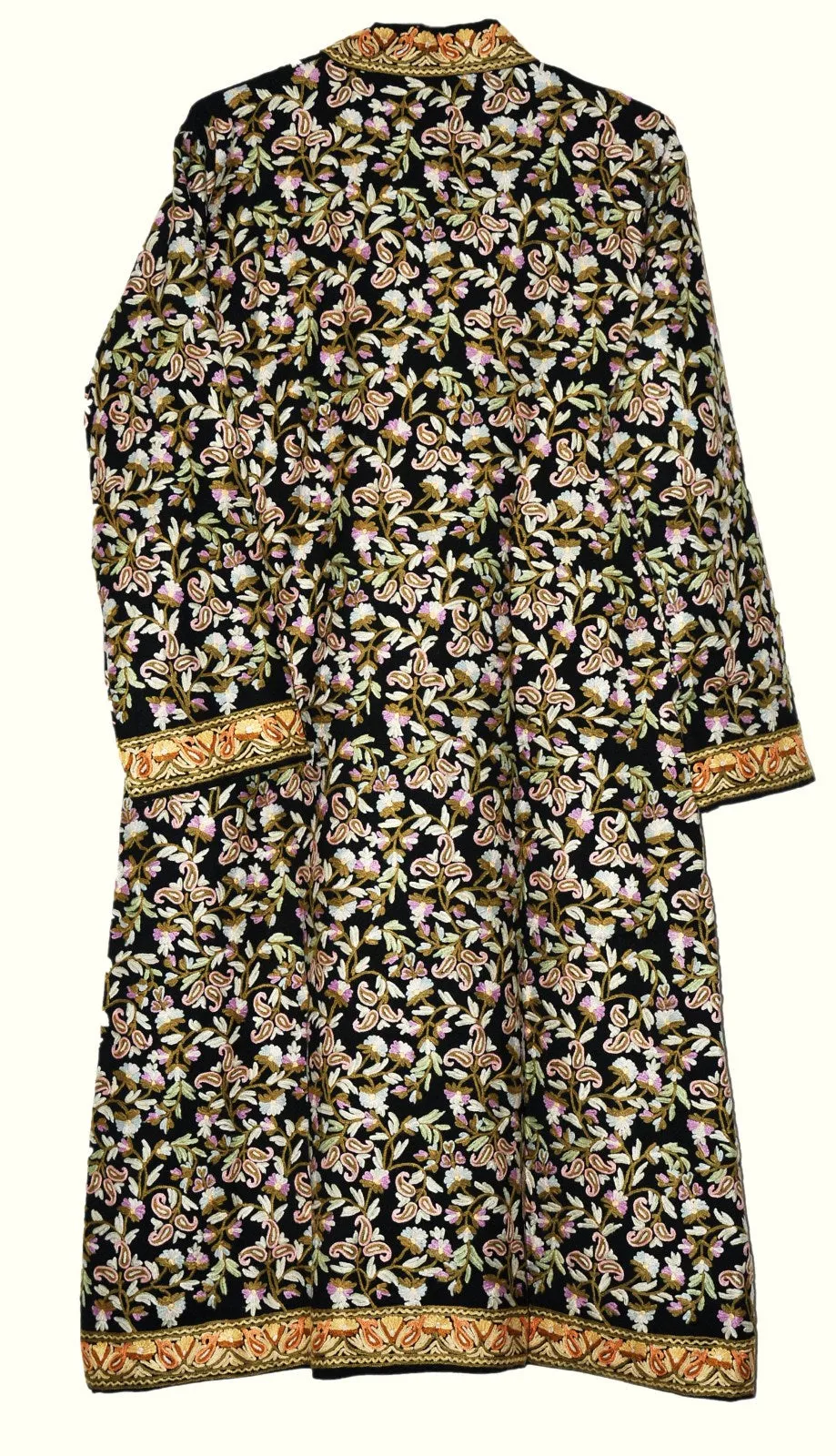 Kashmiri Woolen Coat Black, Multicolor Embroidery #AO-1623