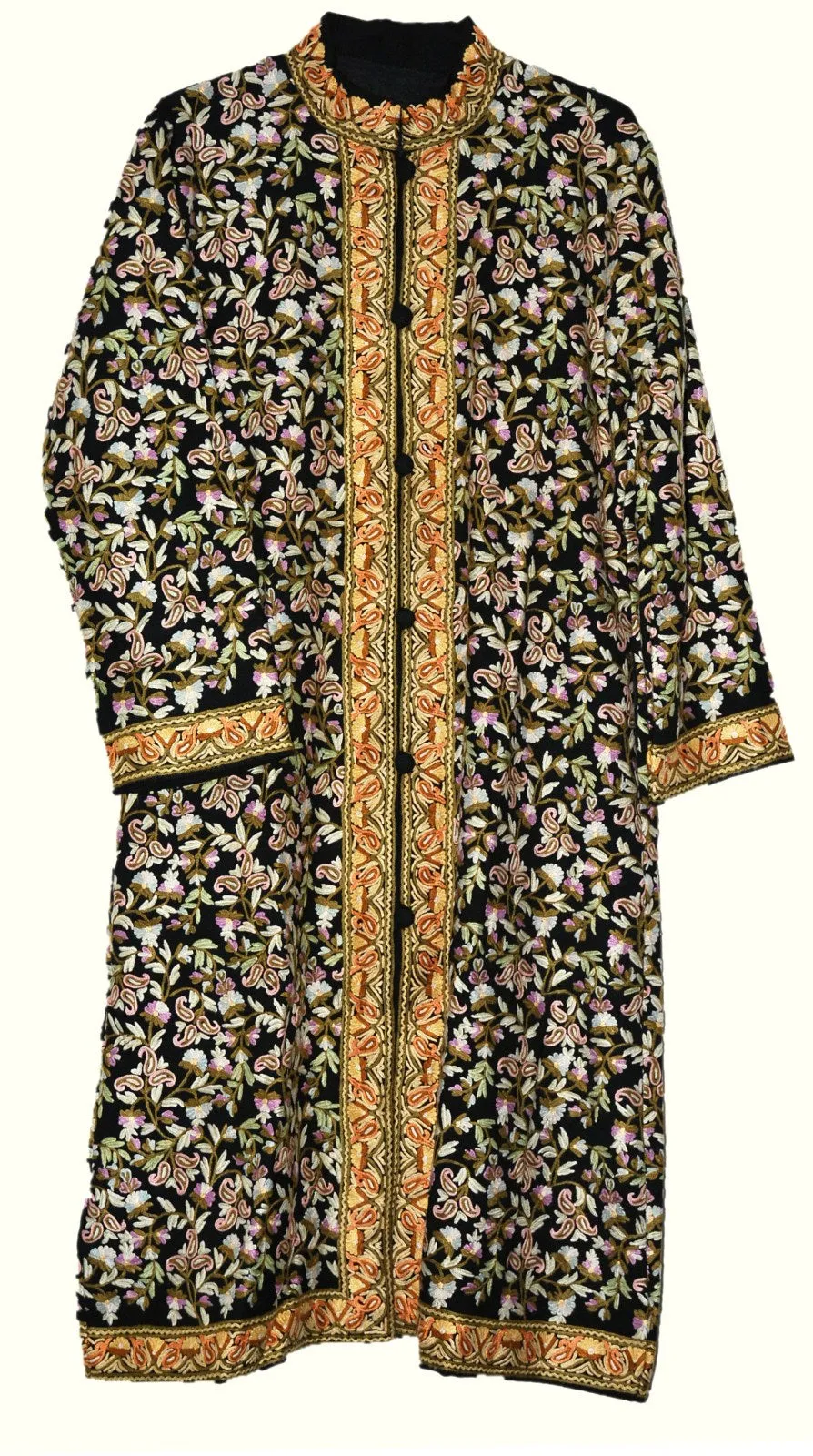 Kashmiri Woolen Coat Black, Multicolor Embroidery #AO-1623