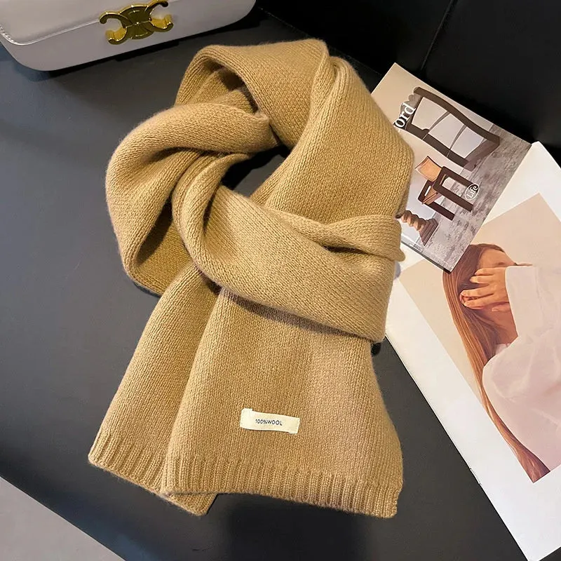 Knitted Scarf Women 100% Wool Winter Warm Scarves Bright Solid Color Design Thickened Shawl Soft Cashmere Pashmina Neck 2023 NEW