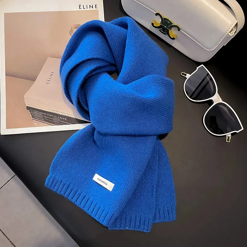 Knitted Scarf Women 100% Wool Winter Warm Scarves Bright Solid Color Design Thickened Shawl Soft Cashmere Pashmina Neck 2023 NEW