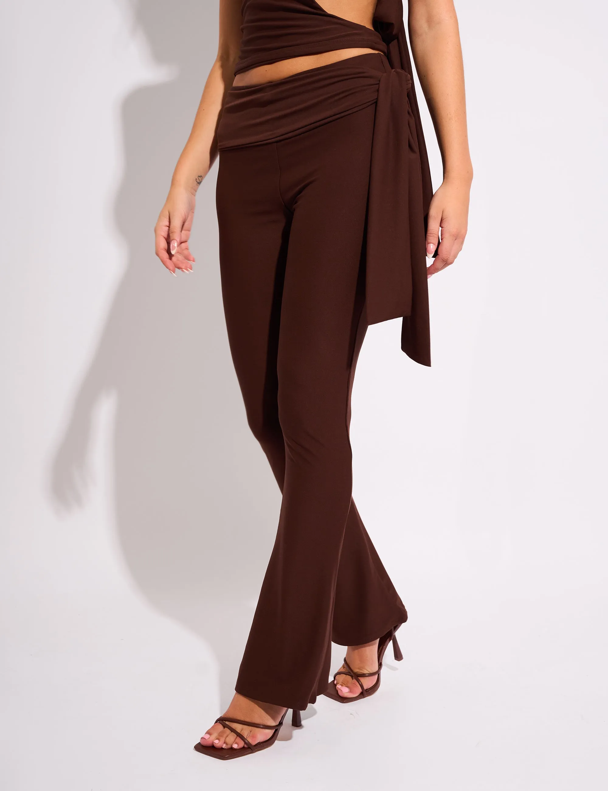 Knot Detail Tie Side Luxe Slinky Trousers Chocolate