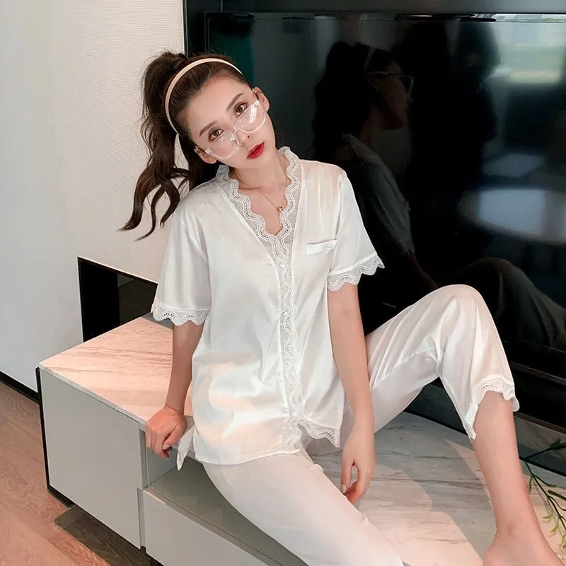 Lisacmvpnel Spring New Pajamas Women's Ice Silk Long Sleeve Solid Lace Suit Pajamas