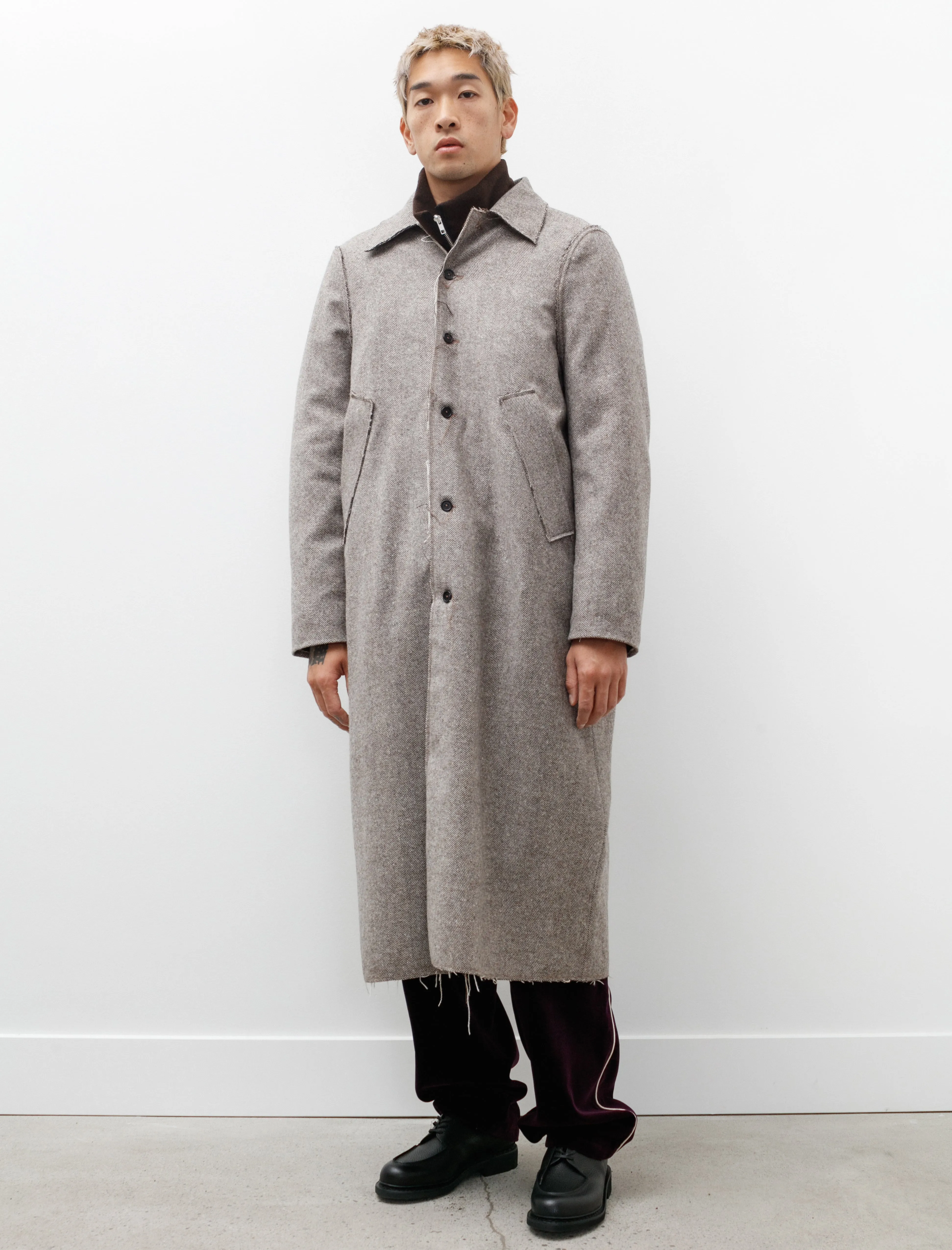 Long Gap Coat Wool Herringbone Brown