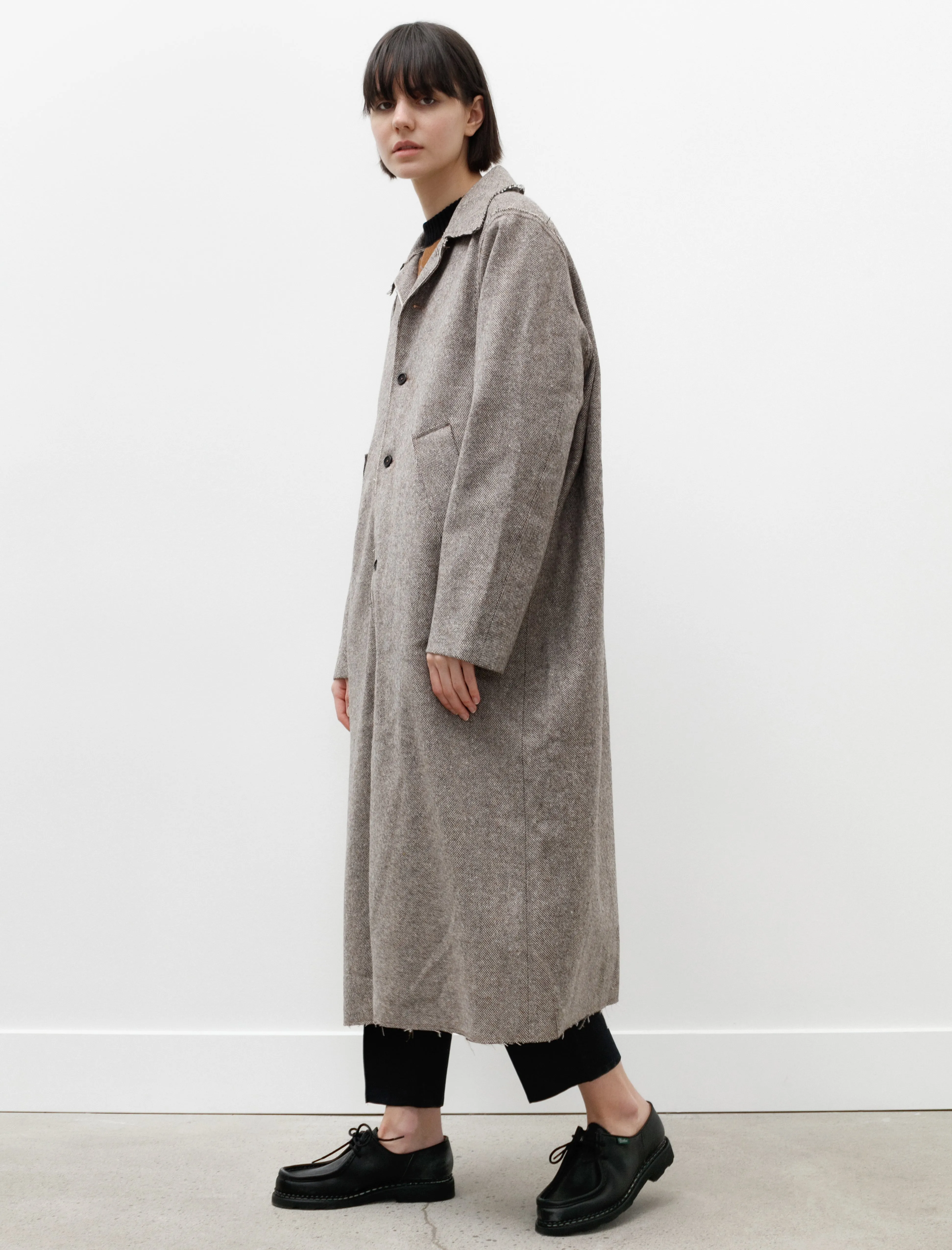 Long Gap Coat Wool Herringbone Brown