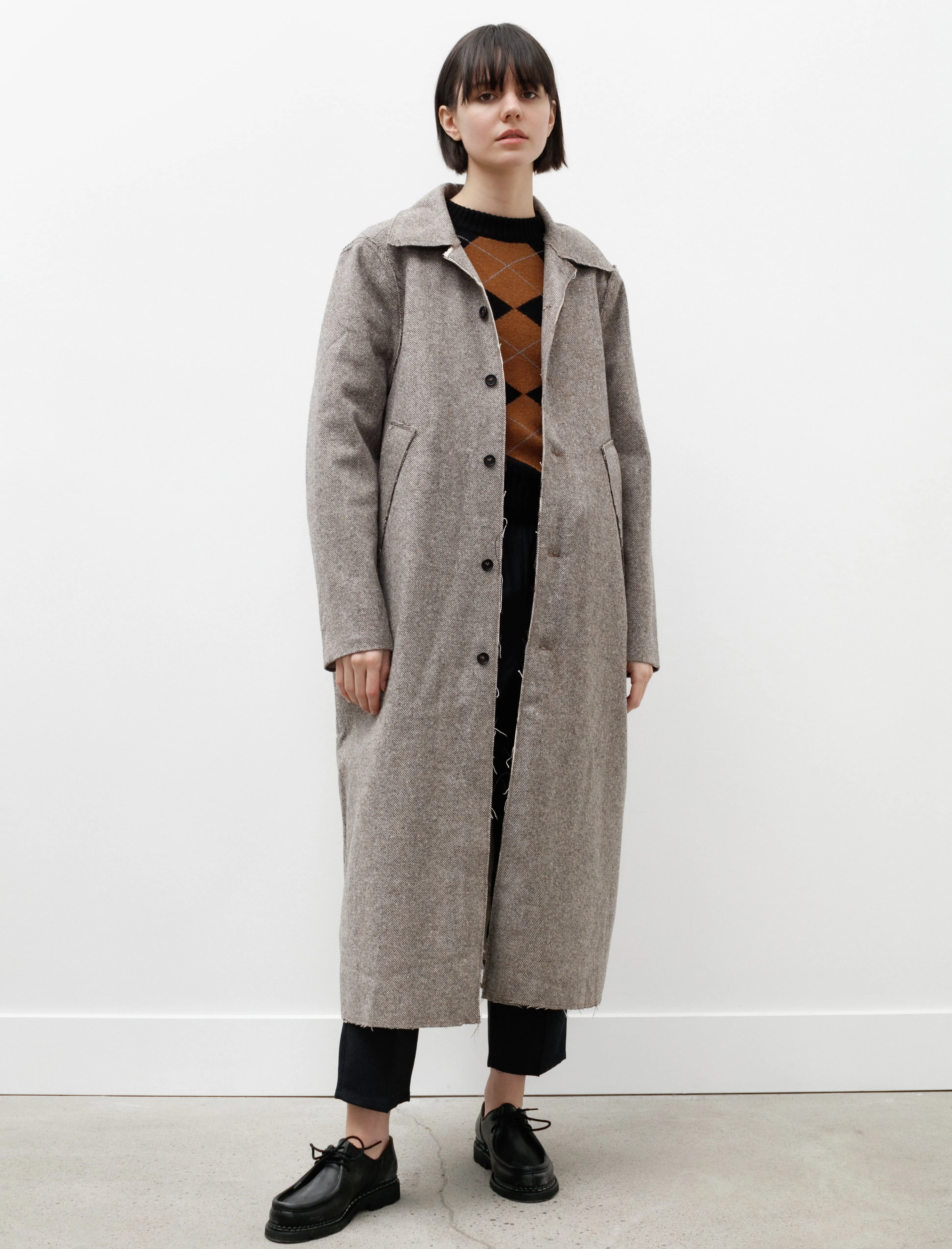 Long Gap Coat Wool Herringbone Brown