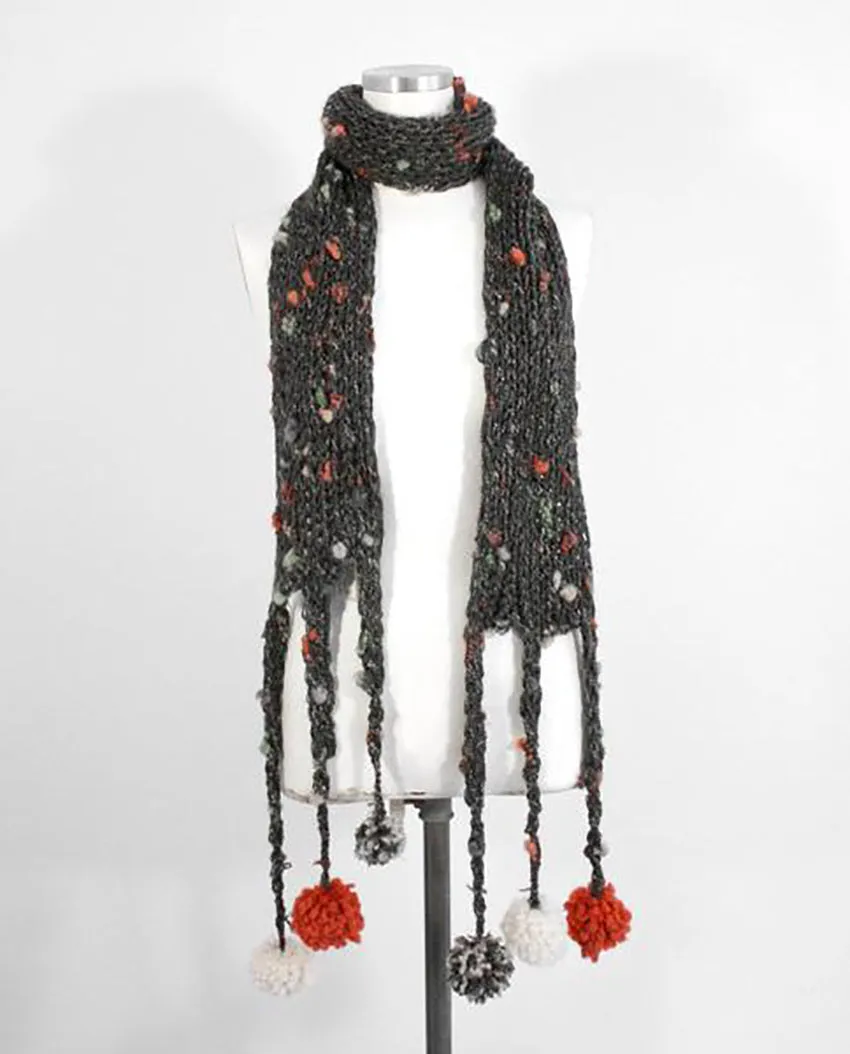 Long Hand-knit Scarf with Hanging Pom Poms