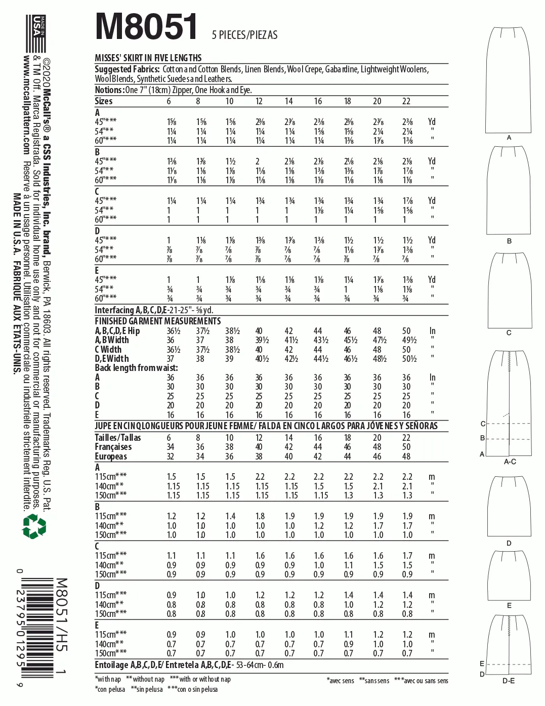 McCall's Pattern M8051 Misses' Pencil Skirts In Five Lengths