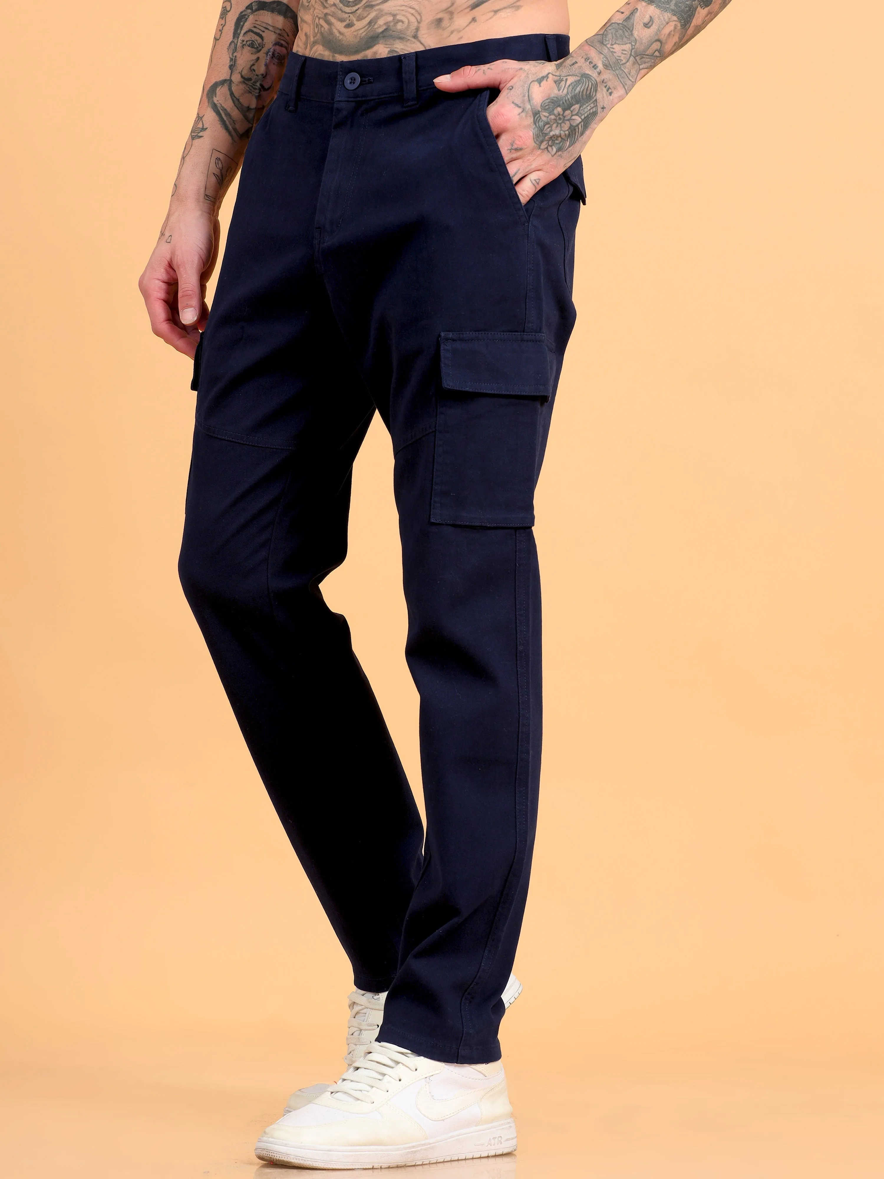 Men 2 Cotton Regular Fit Cargo Trousers, NAVY BLUE KHAKHI