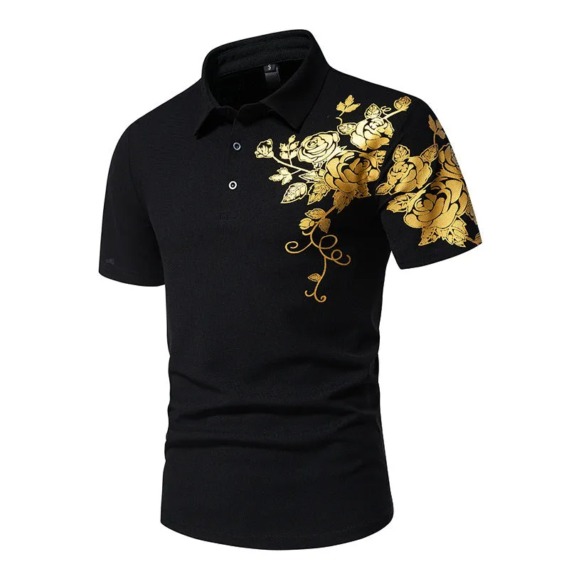 Men Turnover Collar Buttons Flowers Prints Short Sleeves T-Shirt