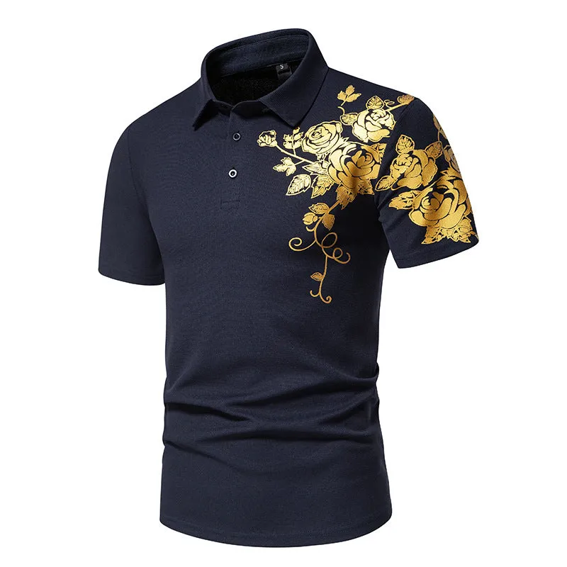 Men Turnover Collar Buttons Flowers Prints Short Sleeves T-Shirt