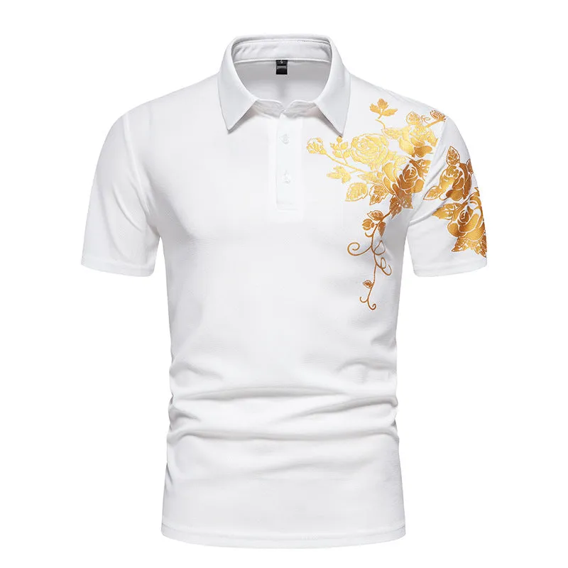 Men Turnover Collar Buttons Flowers Prints Short Sleeves T-Shirt