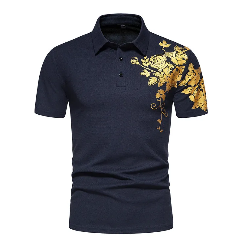 Men Turnover Collar Buttons Flowers Prints Short Sleeves T-Shirt