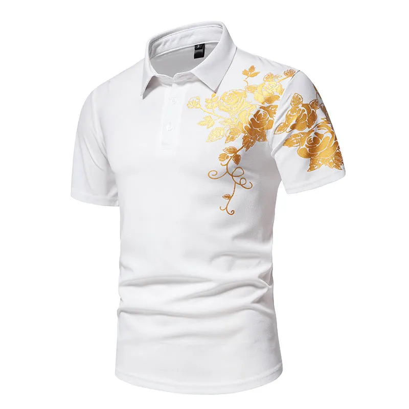 Men Turnover Collar Buttons Flowers Prints Short Sleeves T-Shirt