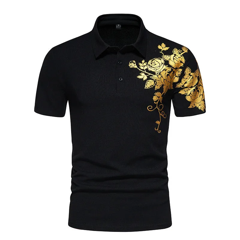 Men Turnover Collar Buttons Flowers Prints Short Sleeves T-Shirt