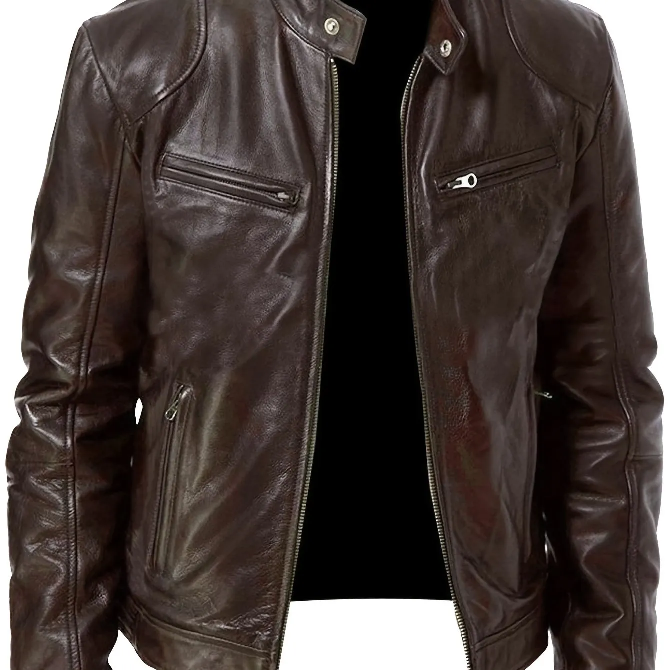 Men's PU Leather Motorcycle Jacket with Zipper Pockets, Autumn/Winter Stand Collar Cardigan Coat