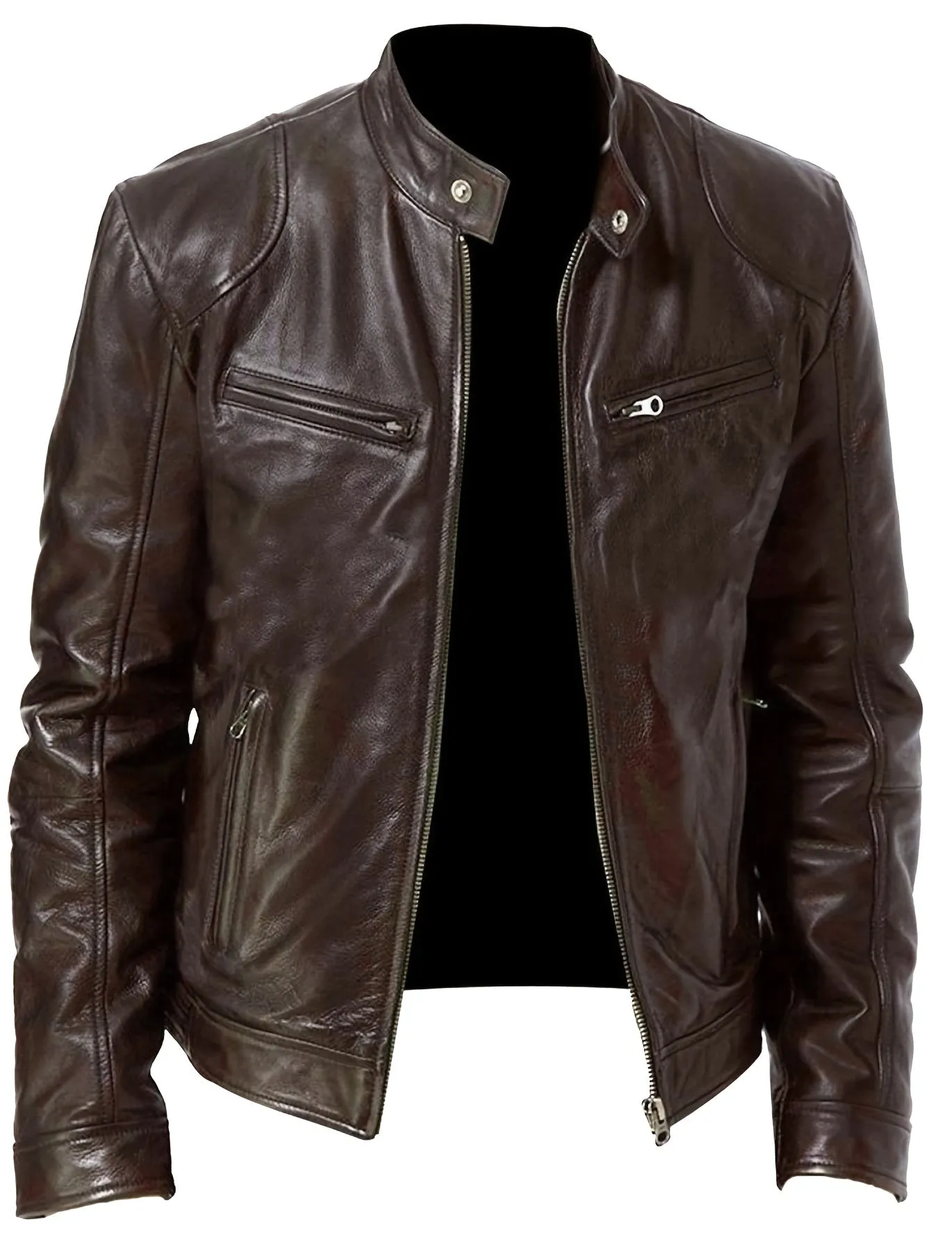 Men's PU Leather Motorcycle Jacket with Zipper Pockets, Autumn/Winter Stand Collar Cardigan Coat