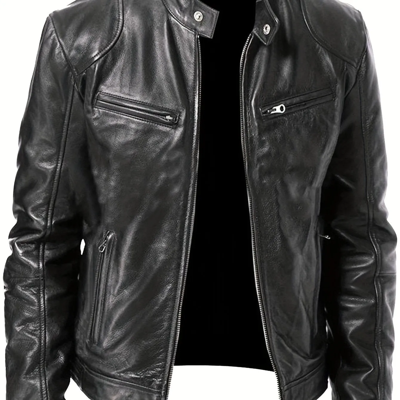 Men's PU Leather Motorcycle Jacket with Zipper Pockets, Autumn/Winter Stand Collar Cardigan Coat