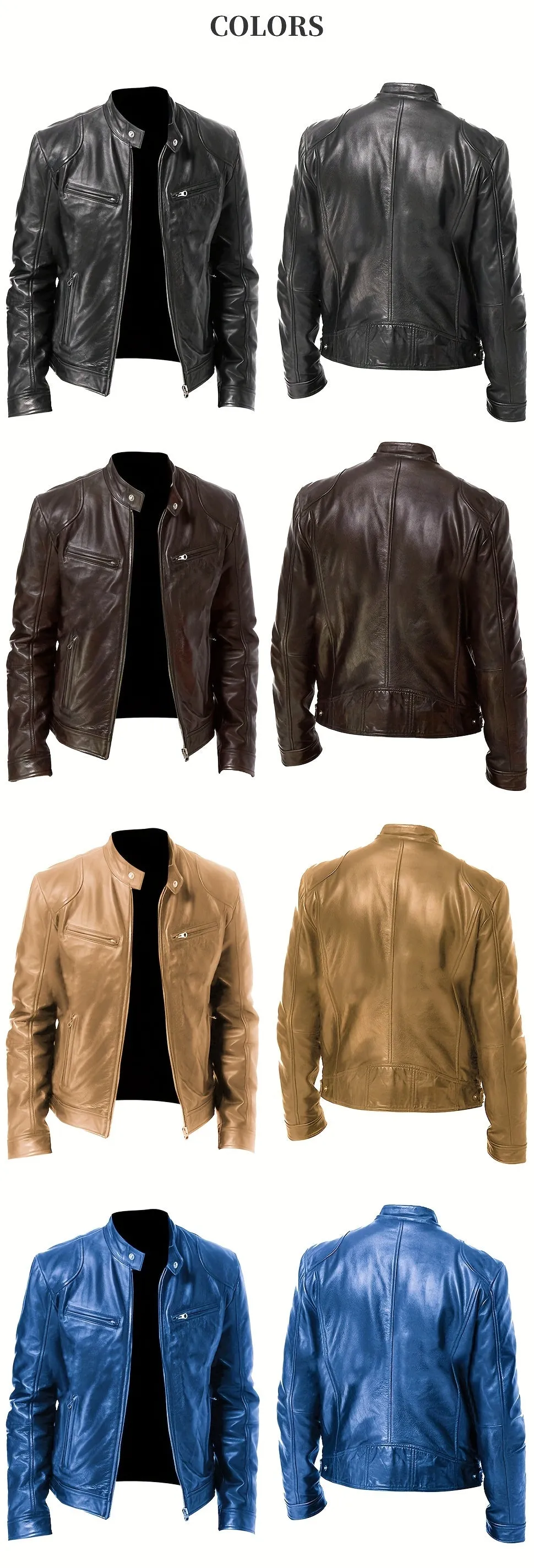 Men's PU Leather Motorcycle Jacket with Zipper Pockets, Autumn/Winter Stand Collar Cardigan Coat