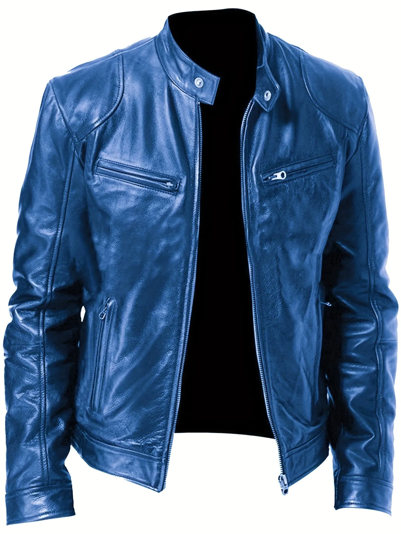 Men's PU Leather Motorcycle Jacket with Zipper Pockets, Autumn/Winter Stand Collar Cardigan Coat