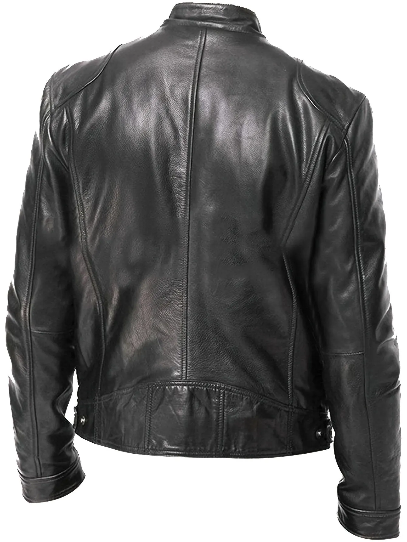 Men's PU Leather Motorcycle Jacket with Zipper Pockets, Autumn/Winter Stand Collar Cardigan Coat