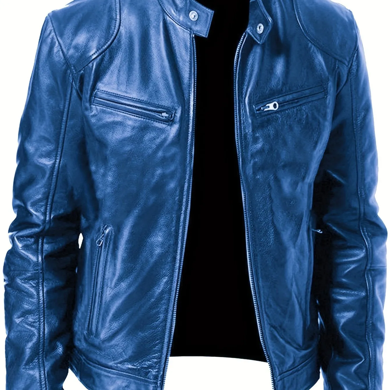 Men's PU Leather Motorcycle Jacket with Zipper Pockets, Autumn/Winter Stand Collar Cardigan Coat