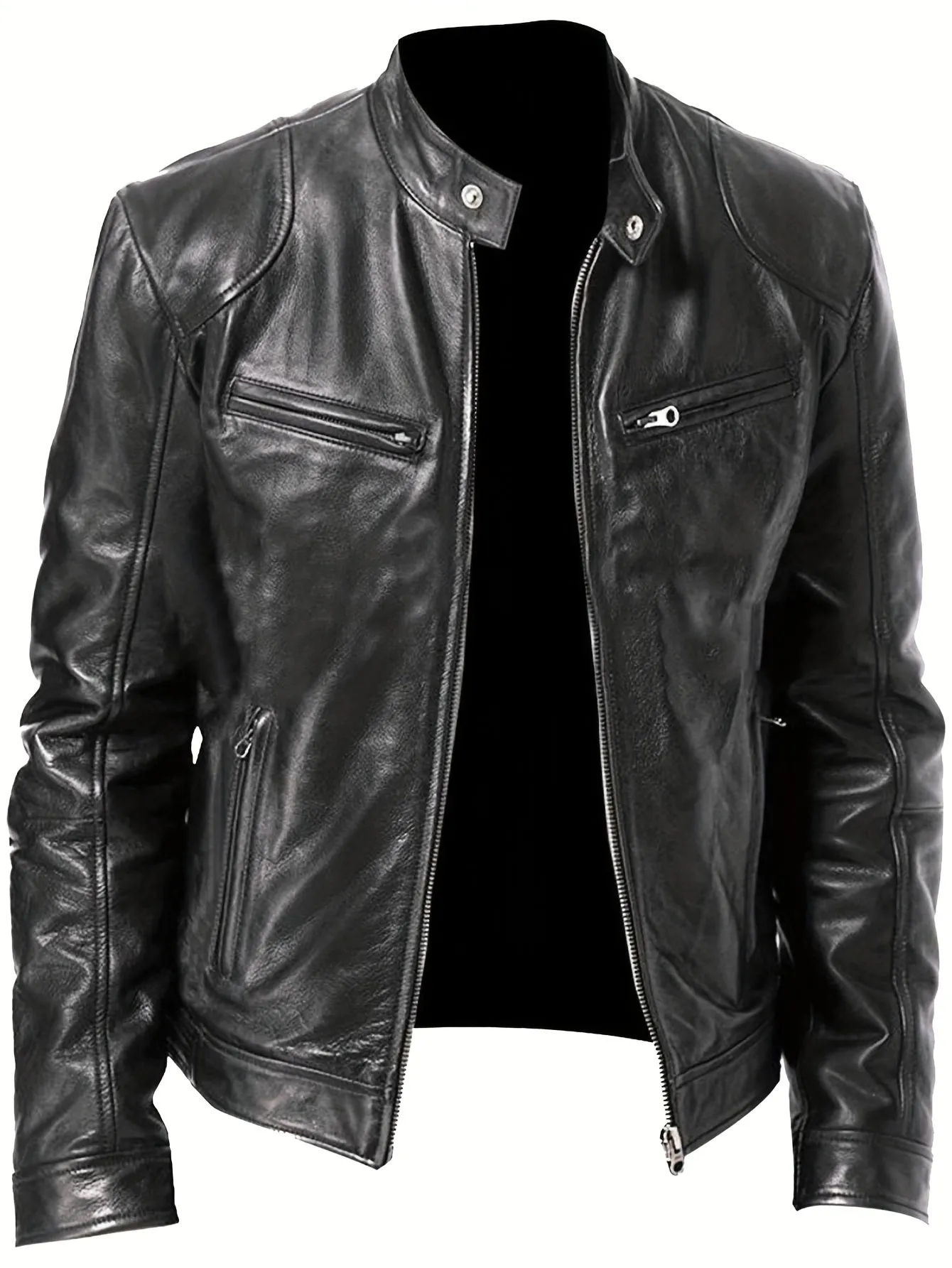 Men's PU Leather Motorcycle Jacket with Zipper Pockets, Autumn/Winter Stand Collar Cardigan Coat