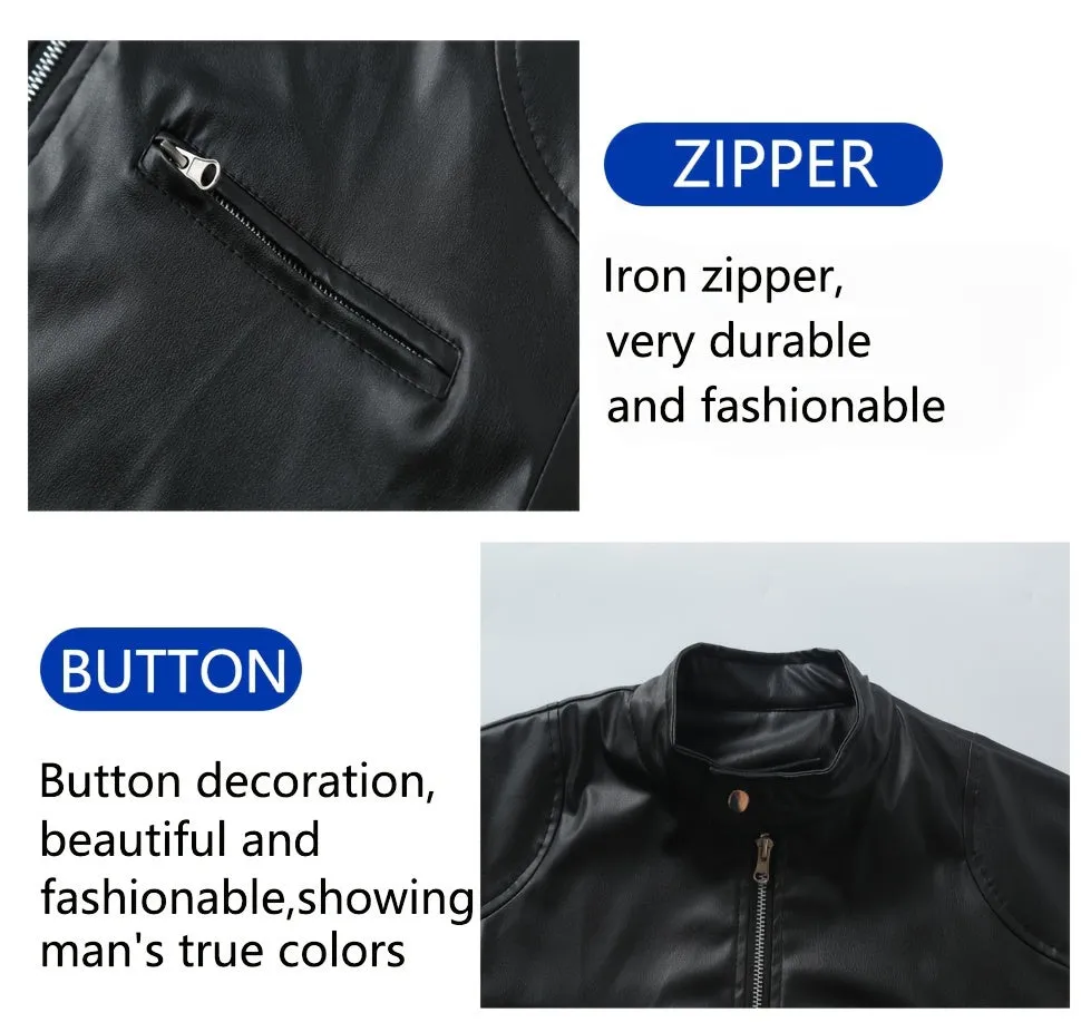 Men's PU Leather Motorcycle Jacket with Zipper Pockets, Autumn/Winter Stand Collar Cardigan Coat