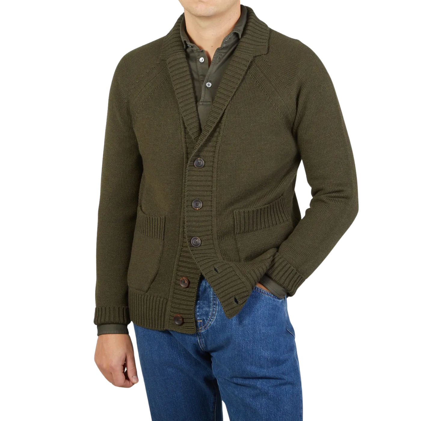 Military Green Wool Shawl Collar Cardigan