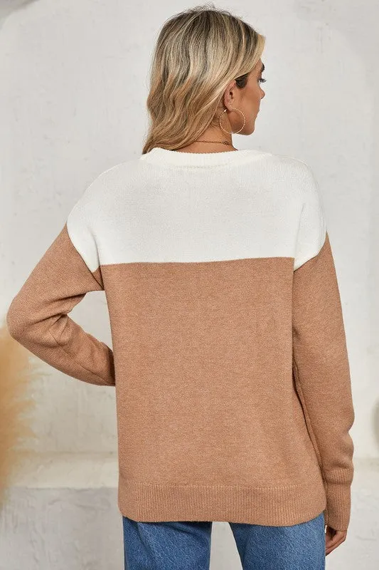 Modern Beauty - Colorblock Ribbed Trim Round Neck Sweater