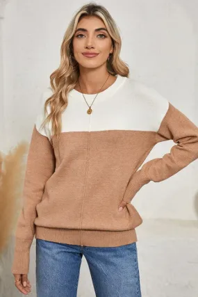 Modern Beauty - Colorblock Ribbed Trim Round Neck Sweater