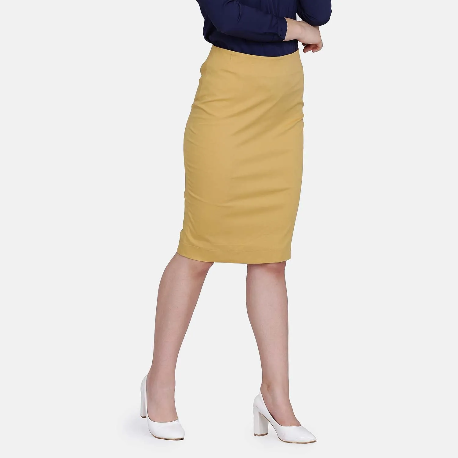 Mustard Yellow Cotton Stretch Pencil Skirt