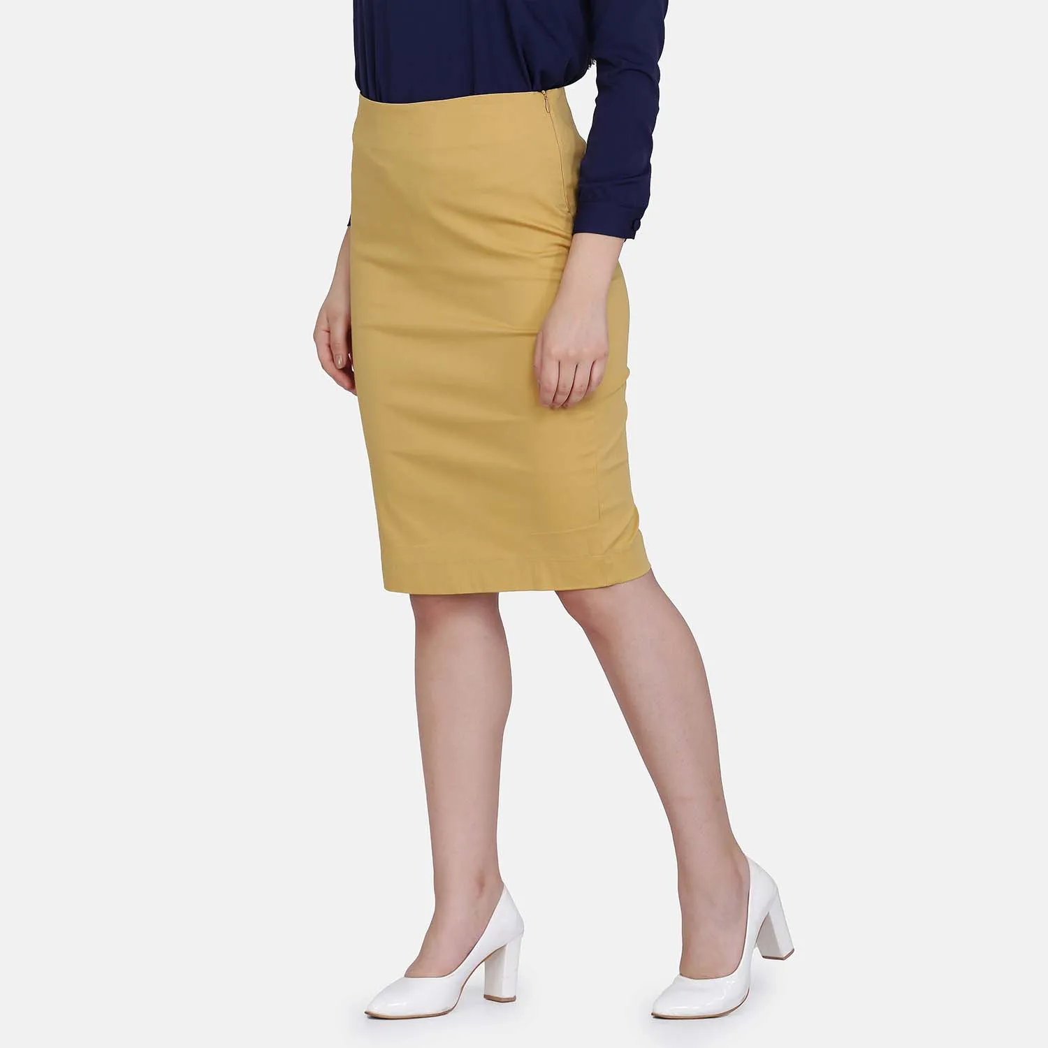 Mustard Yellow Cotton Stretch Pencil Skirt