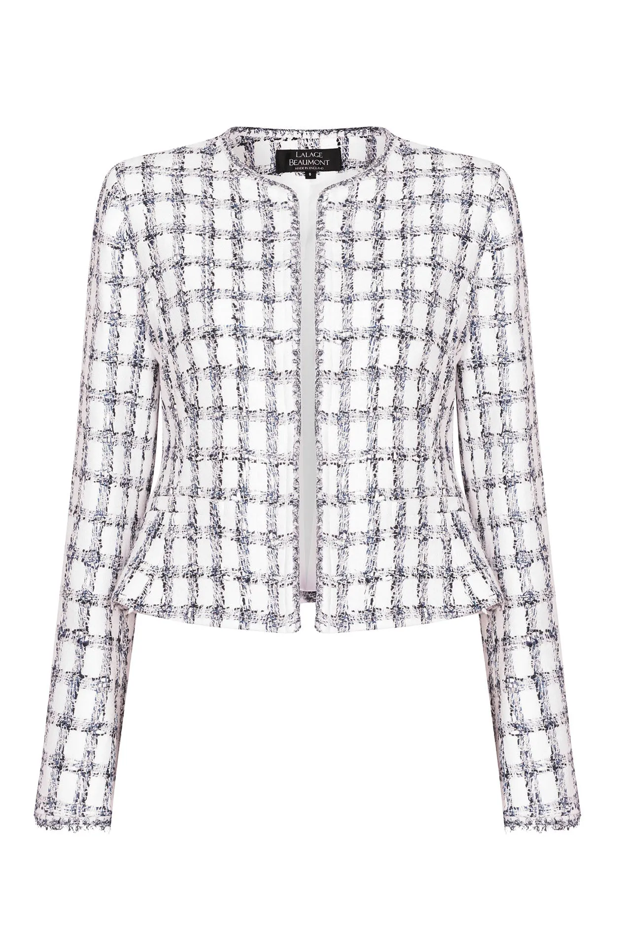 Navy and White Check Tweed Jacket with Fringed Edges - Gina