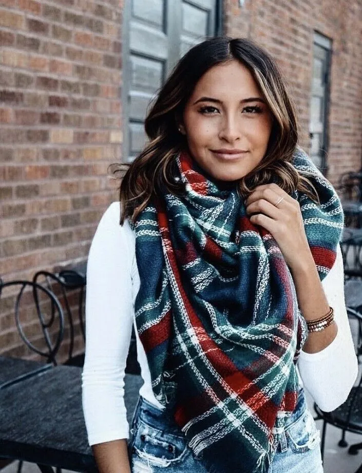 Navy Red Green Holiday Plaid Winter Blanket Scarf Winter Casual