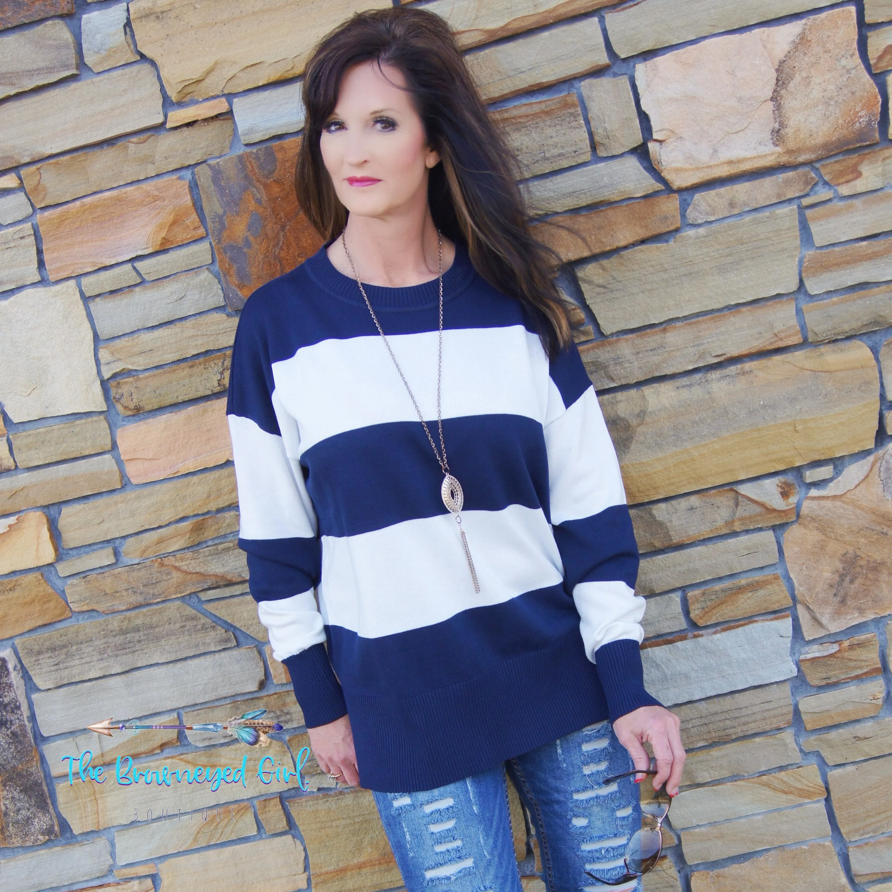 On The Go Color Blue And White Stripe Sweater