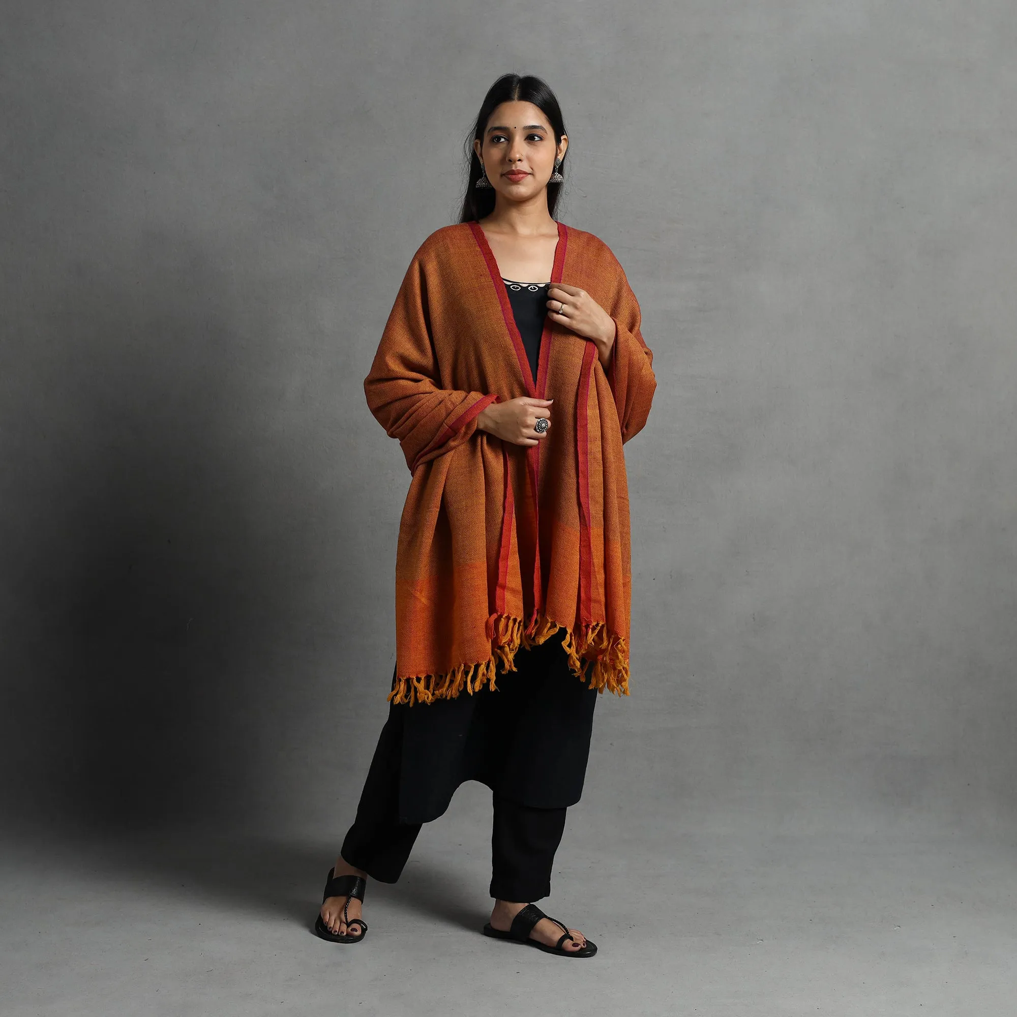 Orange - Kumaun Handwoven Pure Merino Wool Shawl for Women 58