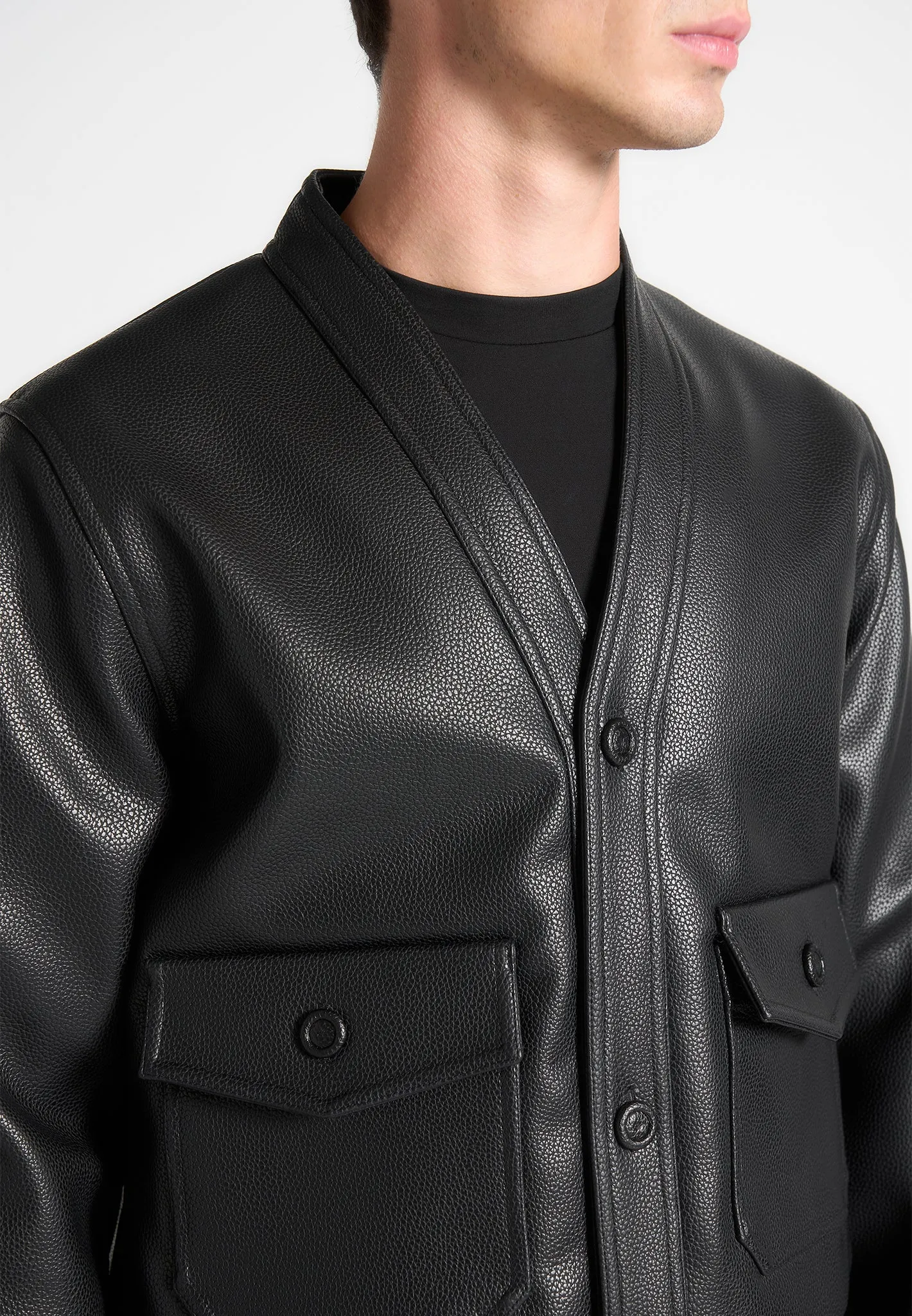 Pebbled Leather Cardigan - Black