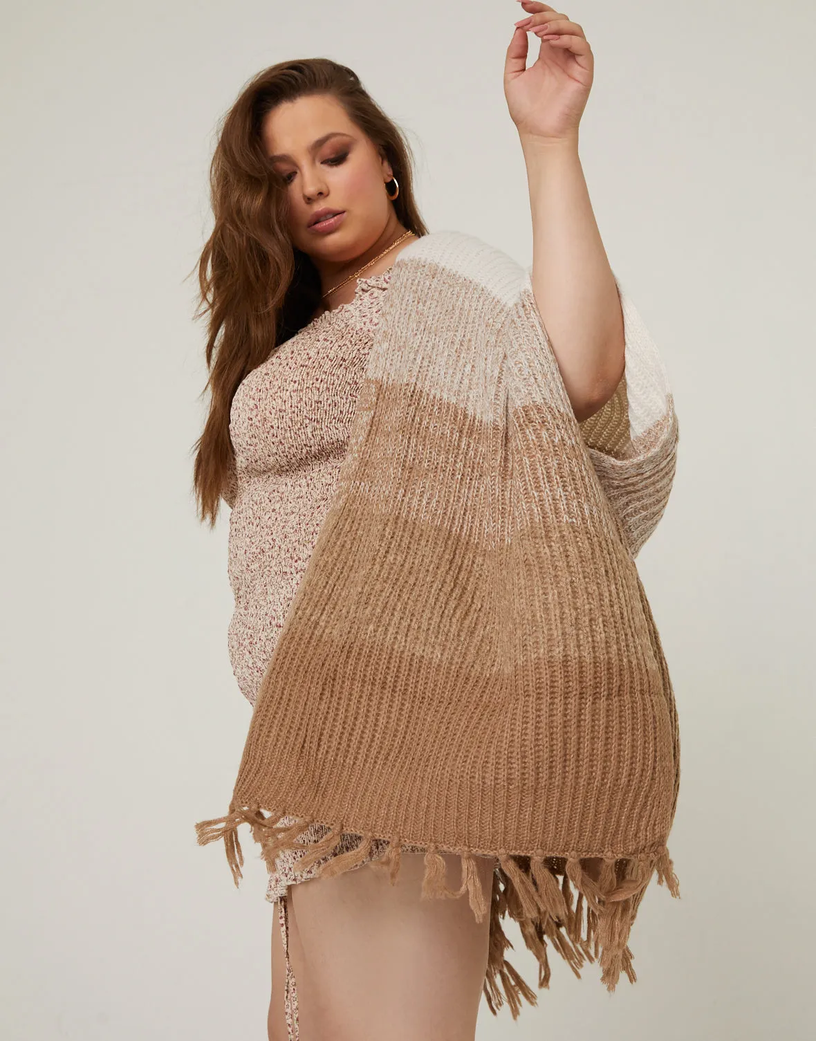 Plus Size Colorblock Fringe Cardigan