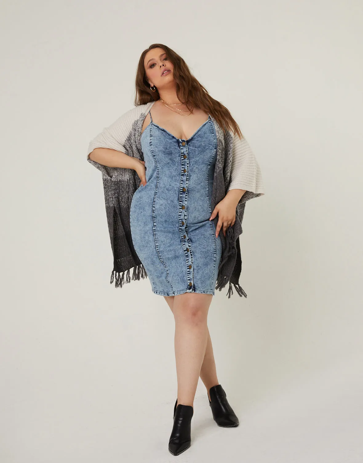 Plus Size Colorblock Fringe Cardigan