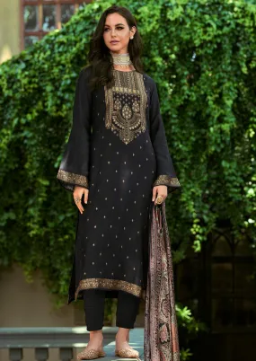 Pure Pashmina Jacquard Black Winter Suit Dress Material for Ladies