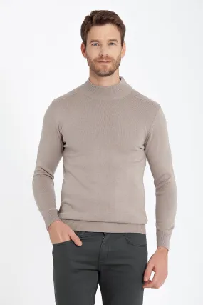 Regular Fit Patterned Cotton Blend Gray Mock Neck Sweater, Grej